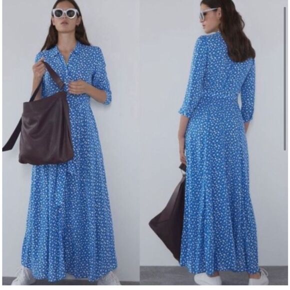 Blogger Favorite Zara The Marilyn Blue Polka Dot Button Down Shirt Maxi Dress - Picture 3 of 9